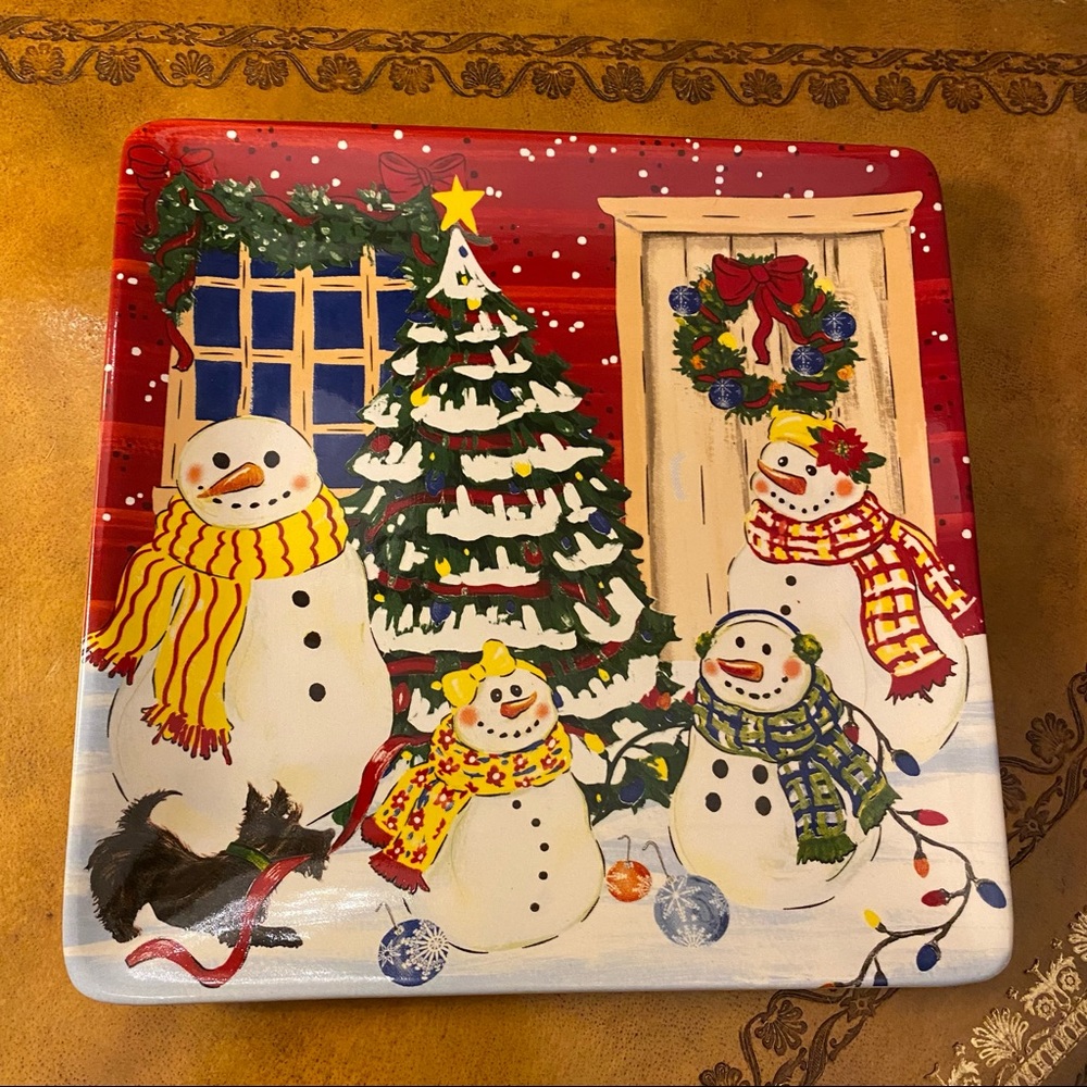 NWOT Nantucket Home for the Holiday Snowman Terrier 8" Square Hand Painted Plate